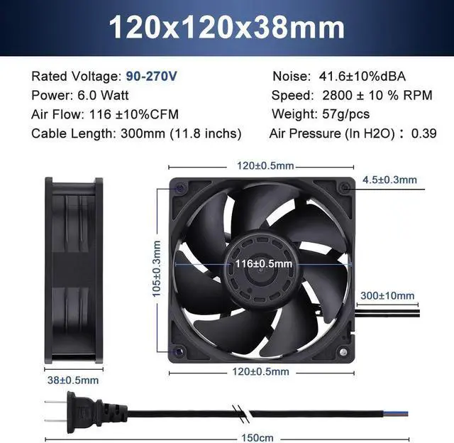 Alt view image 2 of 7 - Wathai EC Industrial Case Fan 120mm x 38mm Ball Bearing AC 110V 115V 120V 220V 240V Brushless Cooling Fan