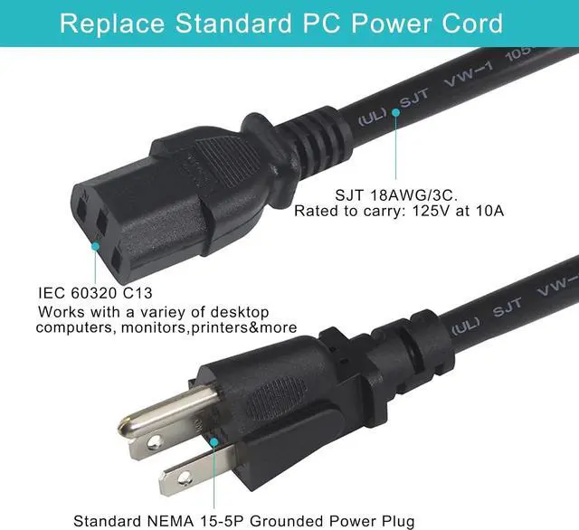 Alt view image 2 of 7 - 12FT Computer Monitor Replacement Power Cord -Black Long Standard PC Replace AC 3 Prong Power Supply Cord Heavy Duty 18AWG IEC C13 Power Cable NEMA 5-15P to C13 10A 125V for Monitor/TV/Computer