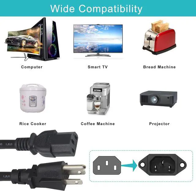 Alt view image 6 of 7 - 12FT Computer Monitor Replacement Power Cord -Black Long Standard PC Replace AC 3 Prong Power Supply Cord Heavy Duty 18AWG IEC C13 Power Cable NEMA 5-15P to C13 10A 125V for Monitor/TV/Computer