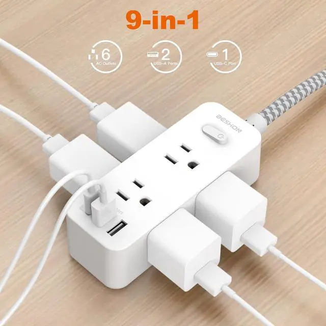 Alt view image 2 of 7 - Power Strip Surge Protector, BESHON 5Ft Extension Cord, 6 Outlets with 3 USB Ports(1 USB C Outlet), 3-Side Outlet Extender, Wall Mount, Compact for Travel, Home, School, College Dorm Room and Office