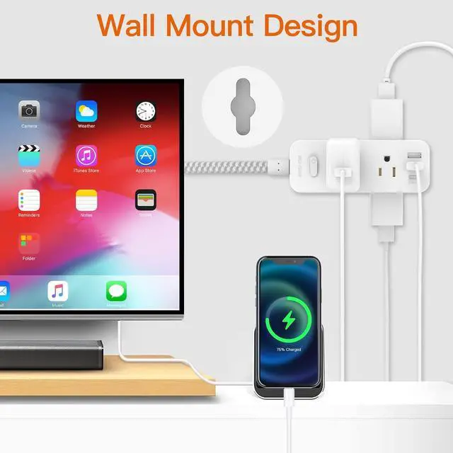 Alt view image 5 of 7 - Power Strip Surge Protector, BESHON 5Ft Extension Cord, 6 Outlets with 3 USB Ports(1 USB C Outlet), 3-Side Outlet Extender, Wall Mount, Compact for Travel, Home, School, College Dorm Room and Office