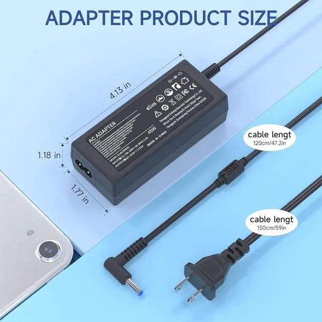 Alt view image 3 of 6 - 45 Watt Laptop Charger for HP Charging Power Cord 213349-109 R-41013323 HP is 13252 Model 15 15-ba009dx Spectre Pavilion Stream X360 Notebook 45W 19.5V 2.31A Computer Adapter Replacement with Blue Tip