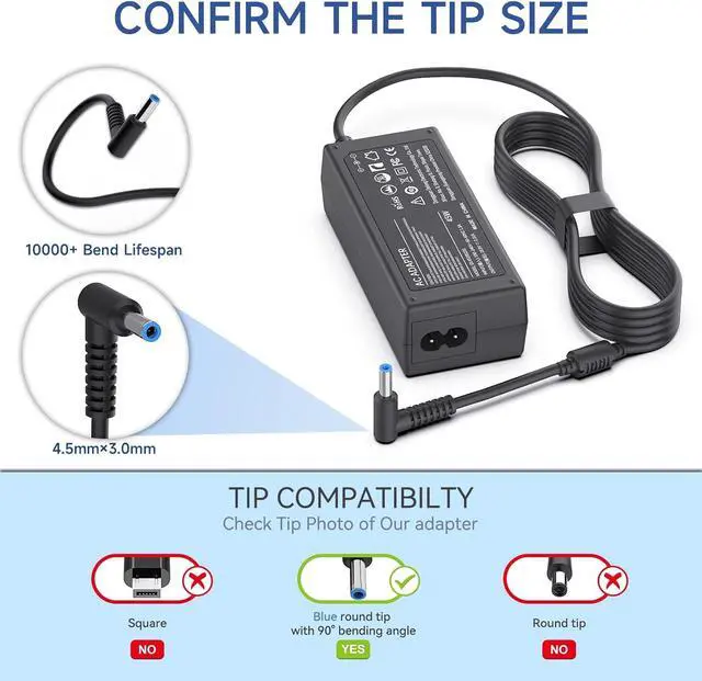 Alt view image 4 of 6 - 45 Watt Laptop Charger for HP Charging Power Cord 213349-109 R-41013323 HP is 13252 Model 15 15-ba009dx Spectre Pavilion Stream X360 Notebook 45W 19.5V 2.31A Computer Adapter Replacement with Blue Tip