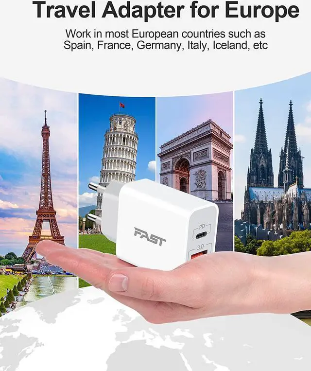 Alt view image 3 of 7 - European Travel Plug Adapter, GLUGRU 2-Pack 20W Dual Port USB C Wall Charger Type C Fast Charging Block International Power Adapter US to Europe EU for iPhone 15 14 13 12 11 Pro Max XS, iPad, Samsung