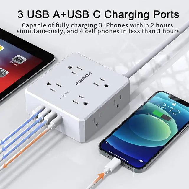 Alt view image 4 of 7 - Surge Protector Power Strip - 6 Ft Flat Plug Extension Cord with 8 Widely Outlets and 4 USB Ports(1 USB C) 3 Side Outlet Extender for Home Office White ETL Listed