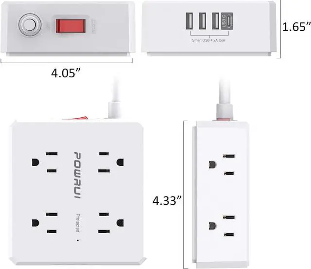 Alt view image 7 of 7 - Surge Protector Power Strip - 6 Ft Flat Plug Extension Cord with 8 Widely Outlets and 4 USB Ports(1 USB C) 3 Side Outlet Extender for Home Office White ETL Listed
