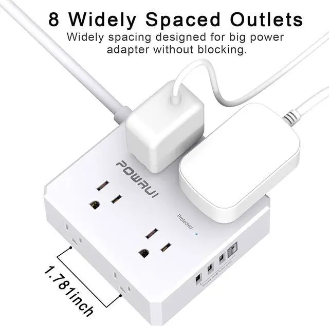 Alt view image 6 of 7 - Surge Protector Power Strip - 6 Ft Flat Plug Extension Cord with 8 Widely Outlets and 4 USB Ports(1 USB C) 3 Side Outlet Extender for Home Office White ETL Listed
