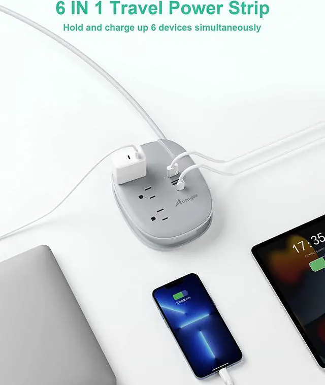 Alt view image 3 of 7 - Alitayee USB C Portable Travel Power Strip with 3 Outlets 3 USB Ports Fast Charge, USB Extendable Outlet Extender with Flat Plug and 3ft Wrapped Around Extension Cord for Cruise Travel Home Office