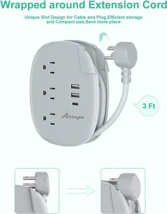 Alt view image 4 of 7 - Alitayee USB C Portable Travel Power Strip with 3 Outlets 3 USB Ports Fast Charge, USB Extendable Outlet Extender with Flat Plug and 3ft Wrapped Around Extension Cord for Cruise Travel Home Office