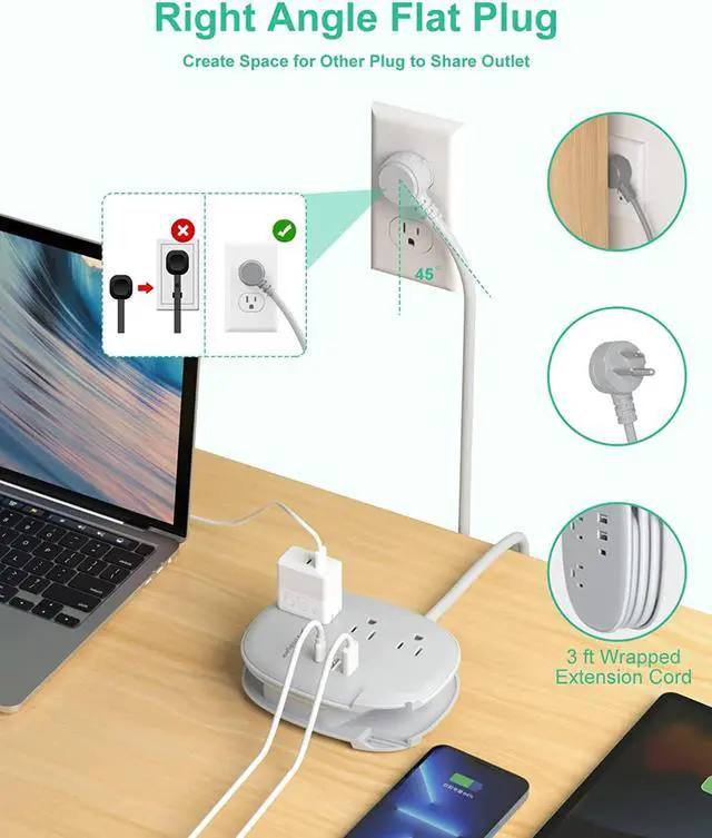Alt view image 5 of 7 - Alitayee USB C Portable Travel Power Strip with 3 Outlets 3 USB Ports Fast Charge, USB Extendable Outlet Extender with Flat Plug and 3ft Wrapped Around Extension Cord for Cruise Travel Home Office