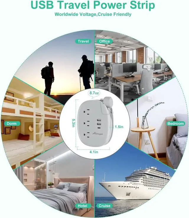 Alt view image 7 of 7 - Alitayee USB C Portable Travel Power Strip with 3 Outlets 3 USB Ports Fast Charge, USB Extendable Outlet Extender with Flat Plug and 3ft Wrapped Around Extension Cord for Cruise Travel Home Office