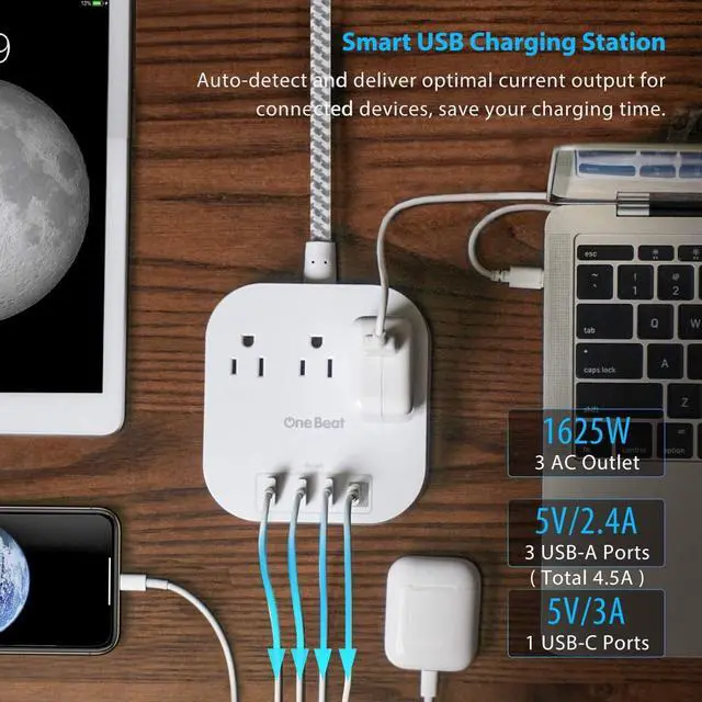 Alt view image 2 of 7 - Power Strip with USB C 3 Outlets 4 USB Ports (22.5W/4.5A) Desktop Charging Station Flat Plug 5ft Braided Extension Cord Non Surge Protector for Travel Cruise Ship ETL Listed