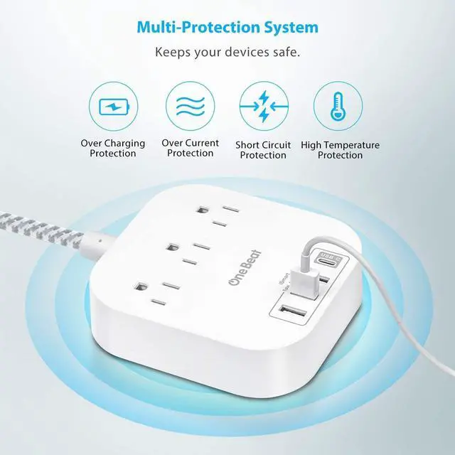 Alt view image 6 of 7 - Power Strip with USB C 3 Outlets 4 USB Ports (22.5W/4.5A) Desktop Charging Station Flat Plug 5ft Braided Extension Cord Non Surge Protector for Travel Cruise Ship ETL Listed