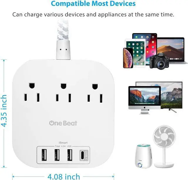 Alt view image 7 of 7 - Power Strip with USB C 3 Outlets 4 USB Ports (22.5W/4.5A) Desktop Charging Station Flat Plug 5ft Braided Extension Cord Non Surge Protector for Travel Cruise Ship ETL Listed