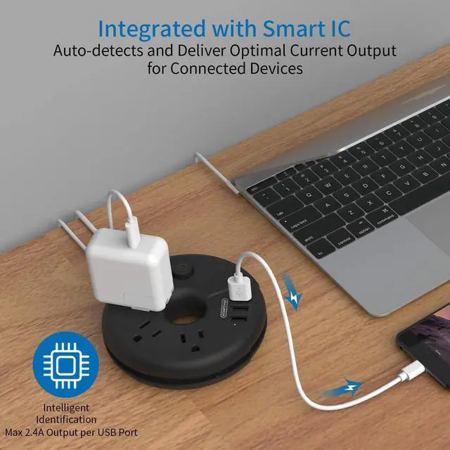 Alt view image 2 of 7 - Compact Power Strip with USB Bundle, 3 Outlets 3 USB Portable Desktop Charging Station with 5ft Extension Cord for Office, Home, Hotels, Cruise Ship, Nightstand