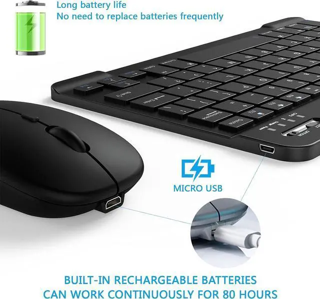 Alt view image 3 of 7 - Ultra-Slim Small Bluetooth Keyboard and Mouse Combo Portable Rechargeable Cordless Wireless Keyboard for Android Tablet Cell Phone Samsung Smartphone iPhone iPad Mini Pro Air Windows Surface (Black)