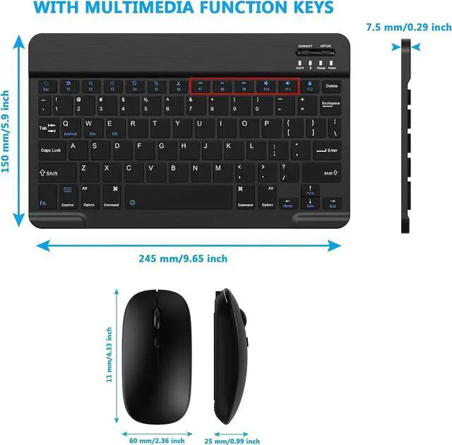 Alt view image 6 of 7 - Ultra-Slim Small Bluetooth Keyboard and Mouse Combo Portable Rechargeable Cordless Wireless Keyboard for Android Tablet Cell Phone Samsung Smartphone iPhone iPad Mini Pro Air Windows Surface (Black)