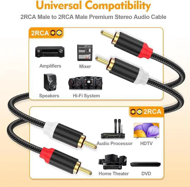 Alt view image 2 of 7 - HOSONGIN RCA Cables 3.3ft 2 Pack[Hi-Fi Sound, Nylon Braided, Shielded], 2-Male to 2-Male RCA Audio Stereo Subwoofer Cable Auxiliary Cord for Home Theater, HDTV, Amplifiers, Hi-Fi Systems, Speakers