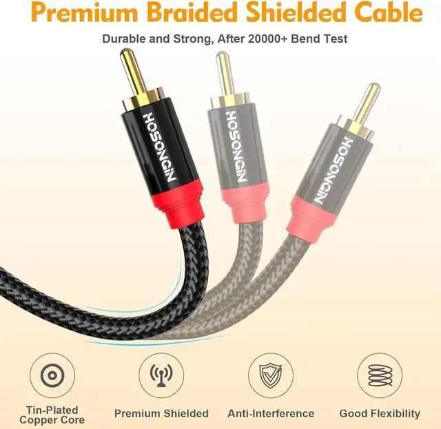 Alt view image 4 of 7 - HOSONGIN RCA Cables 3.3ft 2 Pack[Hi-Fi Sound, Nylon Braided, Shielded], 2-Male to 2-Male RCA Audio Stereo Subwoofer Cable Auxiliary Cord for Home Theater, HDTV, Amplifiers, Hi-Fi Systems, Speakers
