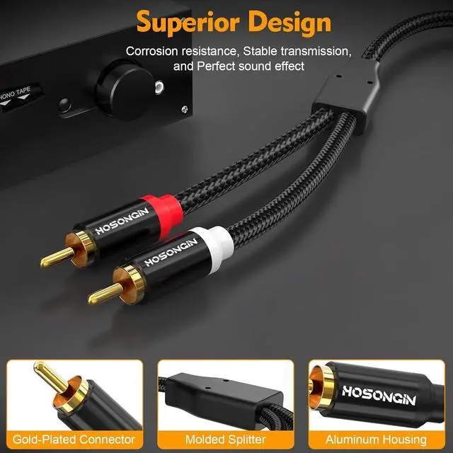 Alt view image 5 of 7 - HOSONGIN RCA Cables 3.3ft 2 Pack[Hi-Fi Sound, Nylon Braided, Shielded], 2-Male to 2-Male RCA Audio Stereo Subwoofer Cable Auxiliary Cord for Home Theater, HDTV, Amplifiers, Hi-Fi Systems, Speakers