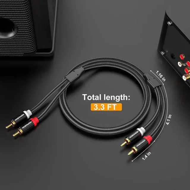 Alt view image 7 of 7 - HOSONGIN RCA Cables 3.3ft 2 Pack[Hi-Fi Sound, Nylon Braided, Shielded], 2-Male to 2-Male RCA Audio Stereo Subwoofer Cable Auxiliary Cord for Home Theater, HDTV, Amplifiers, Hi-Fi Systems, Speakers