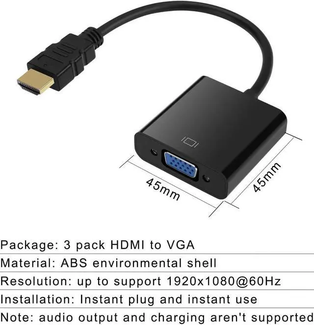 Alt view image 7 of 7 - HDMI to VGA Gold-Plated HDMI to VGA Adapter (Male to Female) for Computer Desktop Laptop PC Monitor Projector HDTV Chromebook Raspberry Pi  Xbox and More - Black 3 Pack