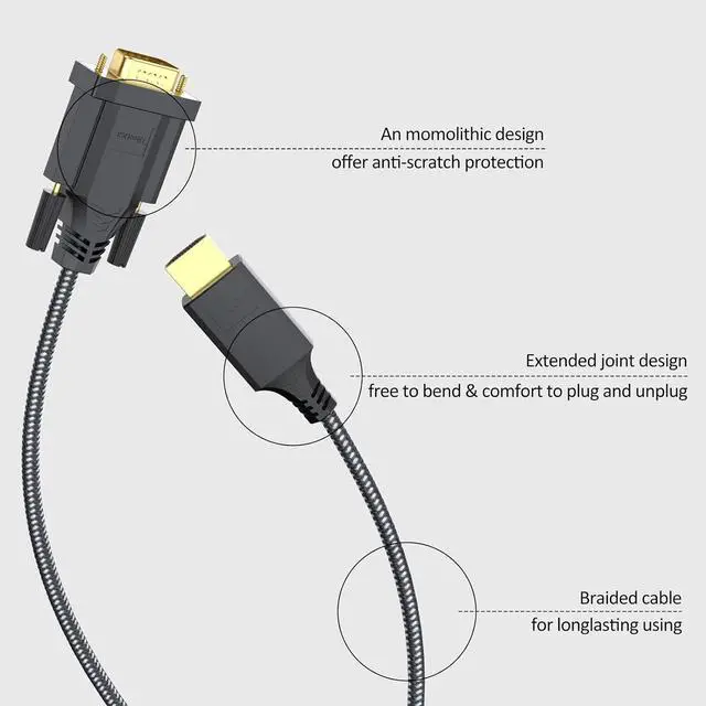 Alt view image 5 of 7 - HDMI to VGA Cable 6ft Male to Male Active Adapter Cord Gold-Plated Connector Converter Connect Laptop Desktop to Monitor Projector HDTV