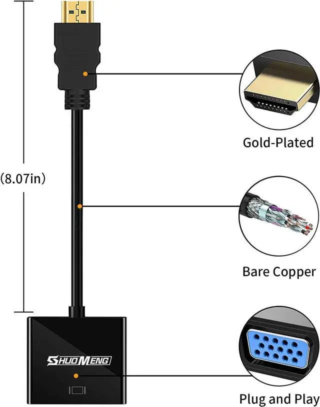 Alt view image 6 of 7 - HDMI to VGA Adapter Gold-Plated HDMI to VGA Adapter Male to Female for Computer Desktop Laptop PC Monitor Projector HDTV Chromebook Raspberry Pi Roku Xbox and More - Black