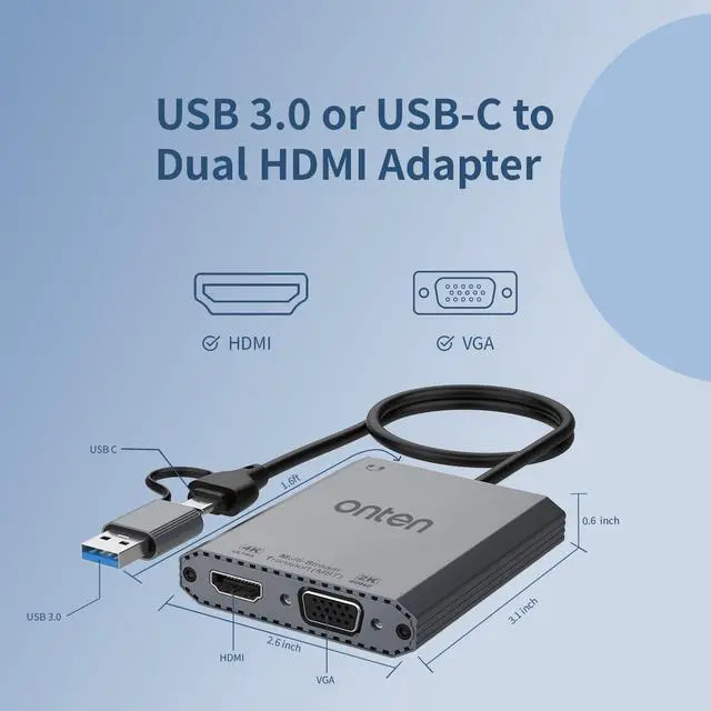 Alt view image 5 of 7 - USB 3.0 to HDMI VGA Adapter,USB 3.0 and USB C to HDMI4K@30HZ and VGA 1080P Dual Display Adapter, USB 3.0&USB C External Video Graphics Card for Mac OS and Windows. Thunderbolt 3/4 USB 3.0 USB C