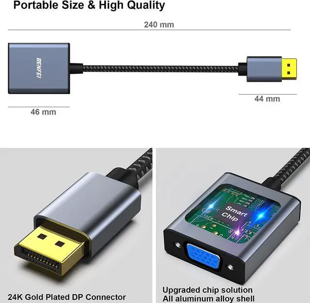 Alt view image 6 of 7 - DisplayPort to VGA DisplayPort to VGA Adapter Male to Female Gold-Plated Cord