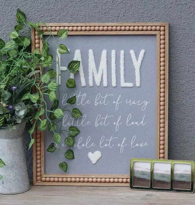 Main image of Family Wall Hanging Sign with Gray Fabric Background and White Yarn Sentiment - Bedroom, Living Room, Home Wall Decor-Bead Border Design - OEM