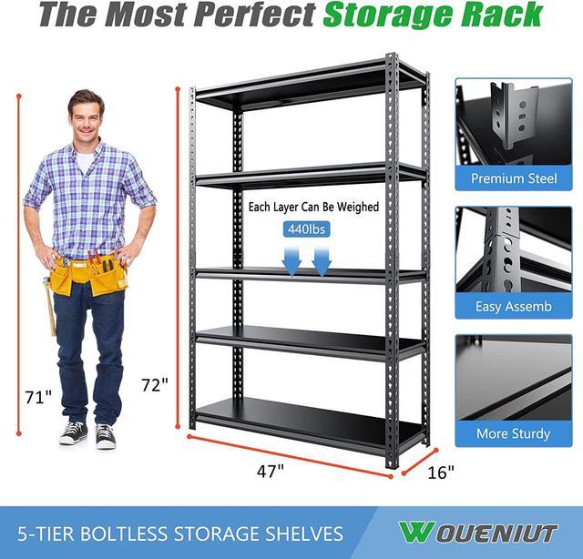 Slsy 2500 lbs 5 Tier Garage Shelves, Heavy Duty Storage Shelves for Garage,  Metal Shelf Rack with Adjustable Shelves Metal Rack, 47.2 W x 17 D x 72  H, Black 