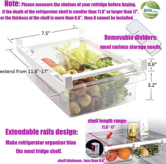 Alt view image 6 of 7 - Fridge Drawer Organizer, Refrigerator Organizer Bins , Pull-out Refrigerator Storage Drawer Bins, Refrigerator Storage Box Shelf Holder Vegetable Veggies Fruit Food Container with Handle Clear 2 Pack