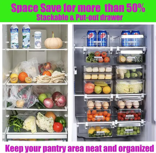 Alt view image 4 of 7 - Fridge Drawer Organizer, Refrigerator Organizer Bins , Pull-out Refrigerator Storage Drawer Bins, Refrigerator Storage Box Shelf Holder Vegetable Veggies Fruit Food Container with Handle Clear 2 Pack