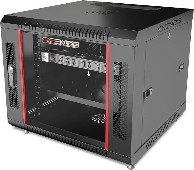 Alt view image 2 of 7 - 9U Wall Mount Server Cabinet Enclosure  Network Rack ACCESSORIES INCLUDED  Vented Shelf - Cooling Fan - Hardware- Feet - 24-Inch Depth -  Lockable Server Network IT 19" Enclosure Box