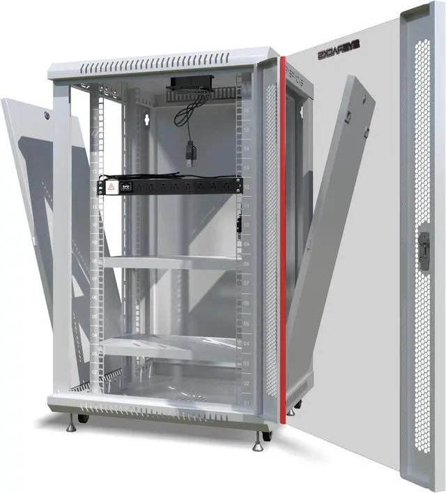 Alt view image 7 of 7 - Server Rack – 18U - Wall Mount Rack - Locking Cabinet for Network - Electronics - Security - Audio - Video - AV Equipment - Data Rack - Legs / Power Strip / Shelf / Fan - 24-Inch Deep - LIGHT GREY