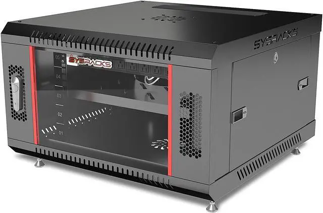 Alt view image 2 of 8 - 6U Wall Mount Server Rack Network Cabinet Lockable Standing Networking Enclosure on Feet 24-inch Depth - 8-Socket POWERBAR - Heavy-Duty SHELF - LEVELERS - Dust-Proof Cable Entries