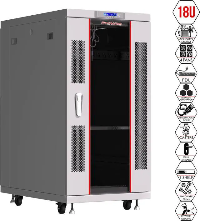 Main image of 18U 35-inch Depth Grey White Server Cabinet Network Rack Standing IT Networking Enclosure on Wheels with Thermostat and Accessories - LCD-screen - 4 X Cooling Fans - Casters - Vented Shelf - Sensor