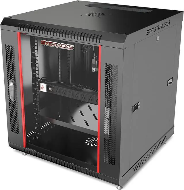 Alt view image 3 of 7 - Server Rack – 12U - Wall Mount Rack - Locking Cabinet for Network - Electronics - Security - Audio - Video - AV Equipment - Data Rack - Legs / Power Strip / Shelf / Fan - 18-Inch Deep