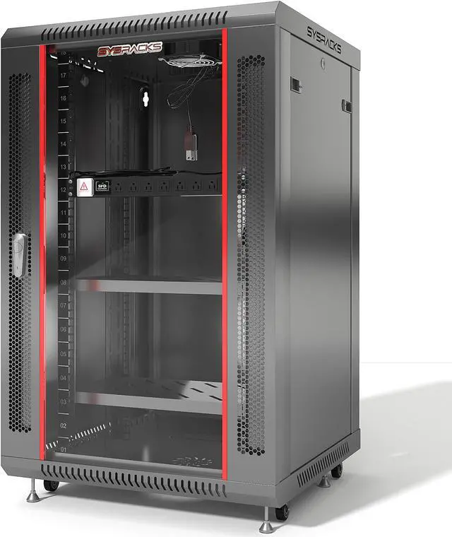 Alt view image 6 of 8 - 18U Wall Mount Server Rack Network Cabinet Lockable Standing Networking Enclosure on Wheels 24-inch Depth - 8-Way POWERBAR - 2 X Heavy-Duty SHELVES - Casters with Stoppers - Dust-Proof Cable Entries