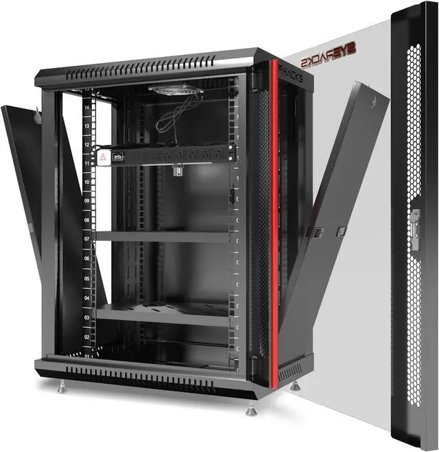 Alt view image 7 of 7 - Server Rack – 15U - Wall Mount Rack - Locking Cabinet for Network - Electronics - Security - Audio - Video - AV Equipment - Data Rack - Leveler Feet / Power Strip / 2 X Shelves / Fan - 18-Inch Depth