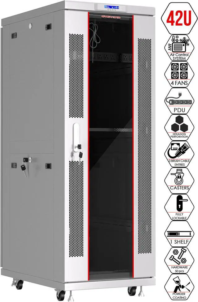 Alt view image 2 of 7 - 42U 35-inch Depth Grey White Server Rack Network Cabinet Standing IT Networking Enclosure on Wheels with Thermostat and Accessories - LCD-screen - 4 X Cooling Fans - Casters - Vented Shelf - Sensor