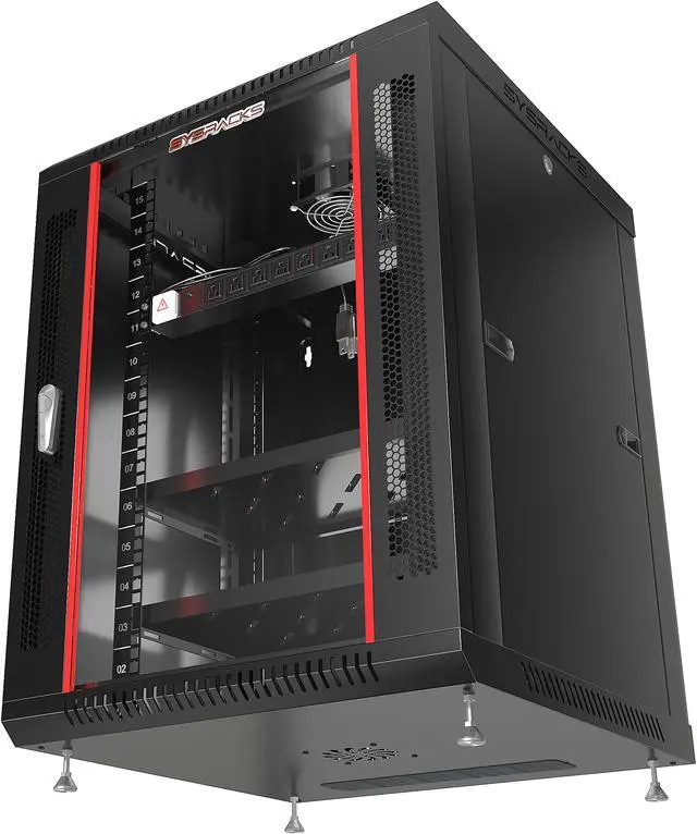 Alt view image 7 of 7 - Server Rack – 15U - Wall Mount Rack - Locking Cabinet for Network - Electronics - Security - Audio - Video - AV Equipment - Data Rack - Legs / Power Strip / Shelf / Fan - 24-Inch Deep