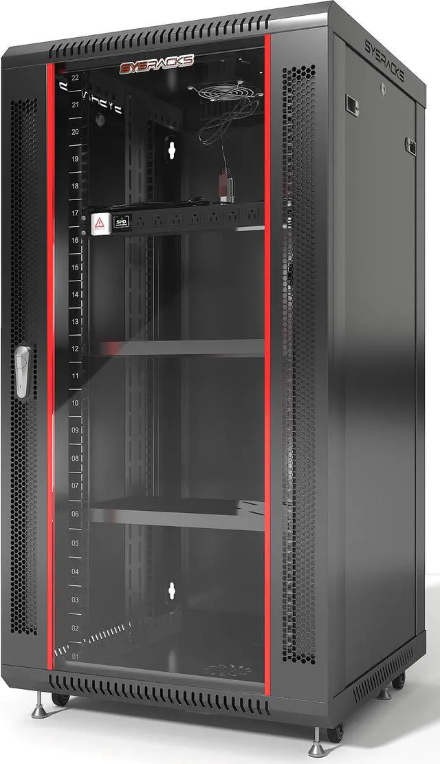 Alt view image 7 of 7 - Server Rack – 22U - Wall Mount Rack - Locking Cabinet for Network - Electronics - Security - Audio - Video - AV Equipment - Data Rack - wheels / Power Strip / 2 X Shelves / Fan - 24-Inch Depth
