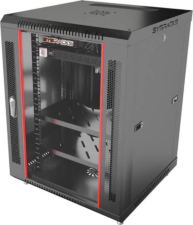 Alt view image 2 of 7 - Server Rack – 15U - Wall Mount Rack - Locking Cabinet for Network - Electronics - Security - Audio - Video - AV Equipment - Data Rack - Leveler Feet / Power Strip / 2 X Shelves / Fan - 18-Inch Depth