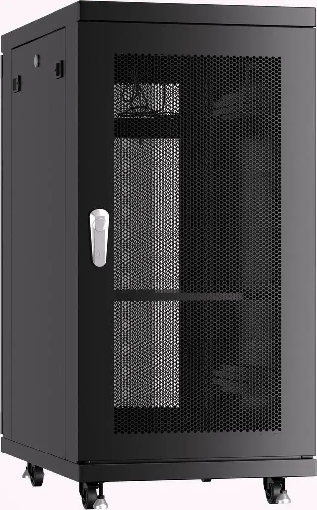 Alt view image 5 of 7 - Sysracks 18U Server Rack Network Enclosure Data Cabinet Mesh Doors 39 inch - 1000 mm - Deep Server Rack - Thermosystem - 4 Cooling Fans - PDU - Shelf - Casters - Dust Tight Cable Entries - LCD Screen