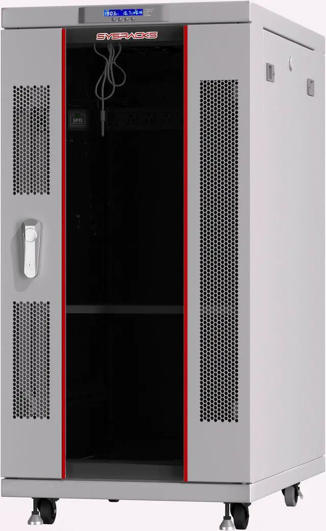 Alt view image 7 of 7 - 18U 35-inch Depth Grey White Server Cabinet Network Rack Standing IT Networking Enclosure on Wheels with Thermostat and Accessories - LCD-screen - 4 X Cooling Fans - Casters - Vented Shelf - Sensor