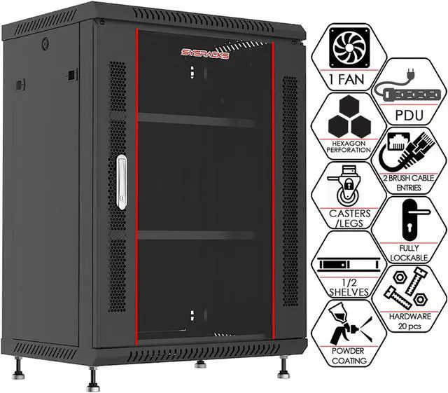 Main image of SYSRACKS 15U 24" Deep Wall Mount Server Cabinet Enclosure Rack with Glass Door and Free Accessories  Includes 4-Way PDU, Cooling Fan, Shelf, Feet, and Hardware
