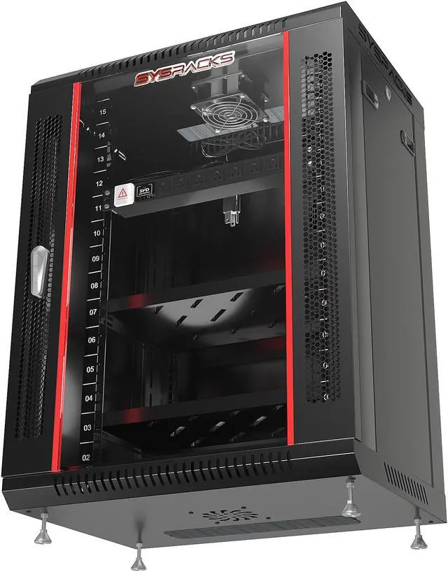 Alt view image 4 of 6 - SYSRACKS 15U 24" Deep Wall Mount Server Cabinet Enclosure Rack with Glass Door and Free Accessories  Includes 4-Way PDU, Cooling Fan, Shelf, Feet, and Hardware