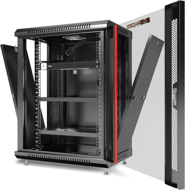 Alt view image 5 of 6 - SYSRACKS 15U 24" Deep Wall Mount Server Cabinet Enclosure Rack with Glass Door and Free Accessories  Includes 4-Way PDU, Cooling Fan, Shelf, Feet, and Hardware